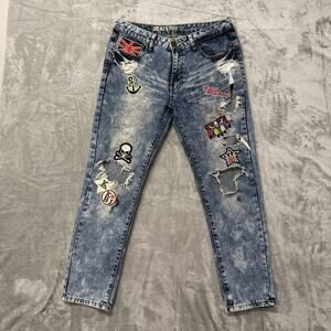 Machine Jeans Women Size 9 Acid Wash Distressed Patches British Flag Y2K Style